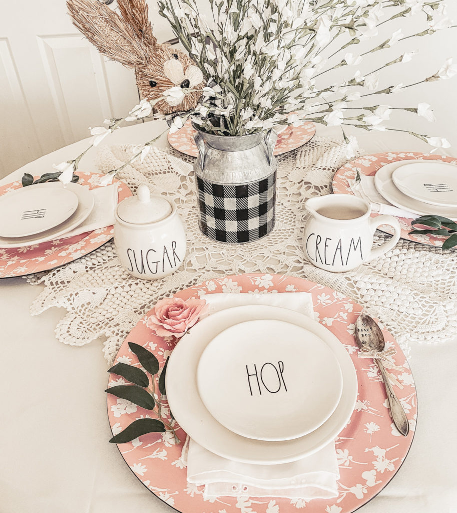 pink spring table with Rae Dunn
