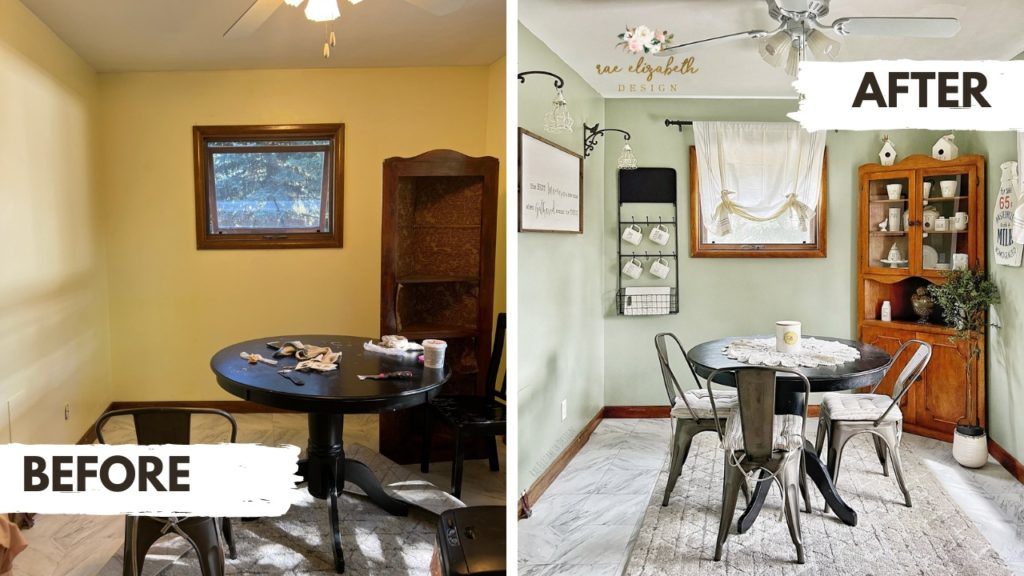 Before and after photos of a cottagecore breakfast area