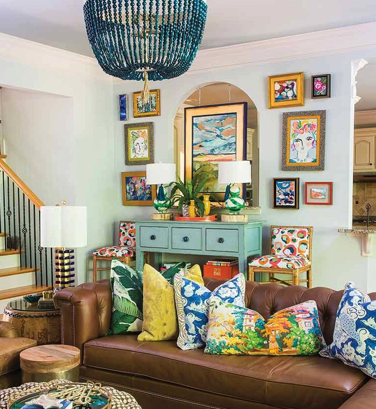 a Mexican style living room with bright bold colors