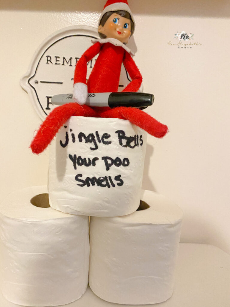 elf on the shelf sitting on top of toilet paper