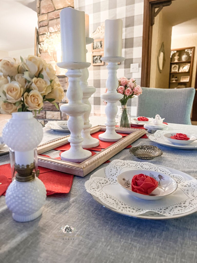 side view of red themed valentines table
