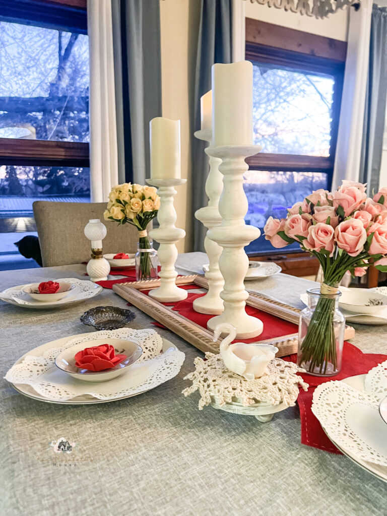 red and white vintage valentines table setting