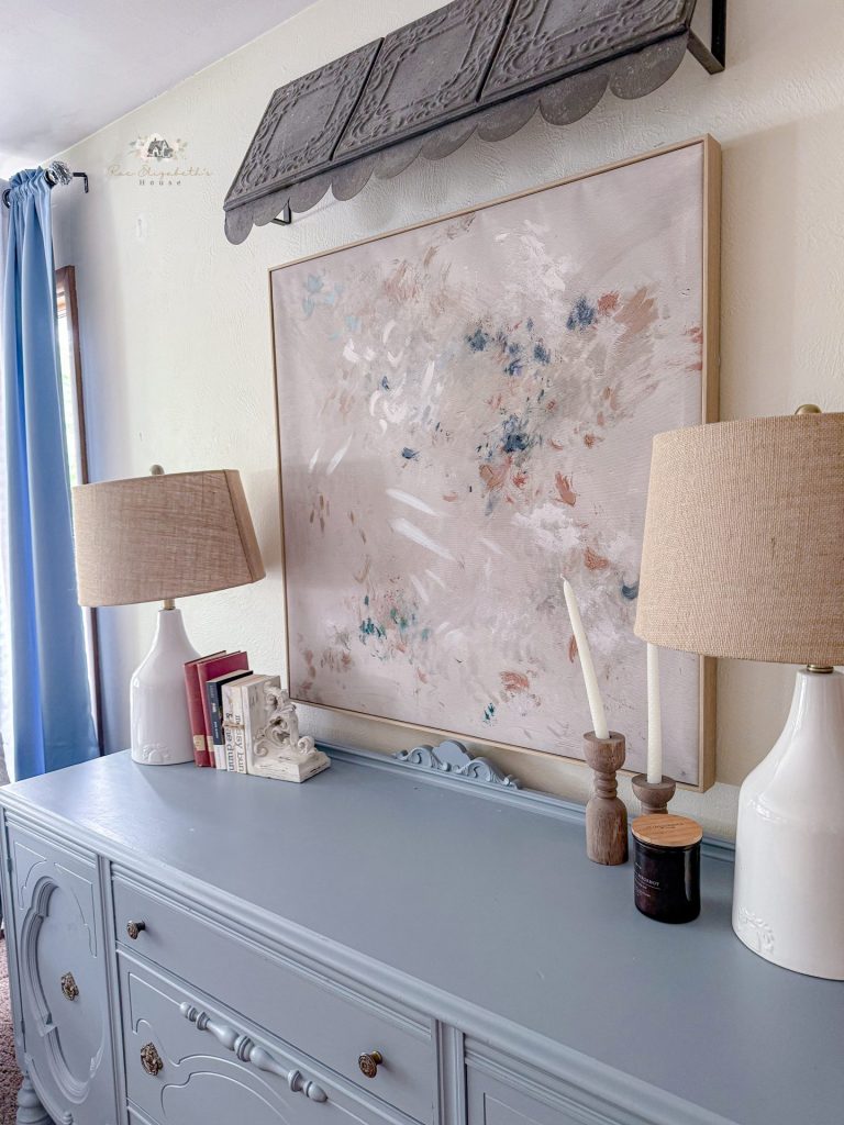living room view of a buffet painted blue