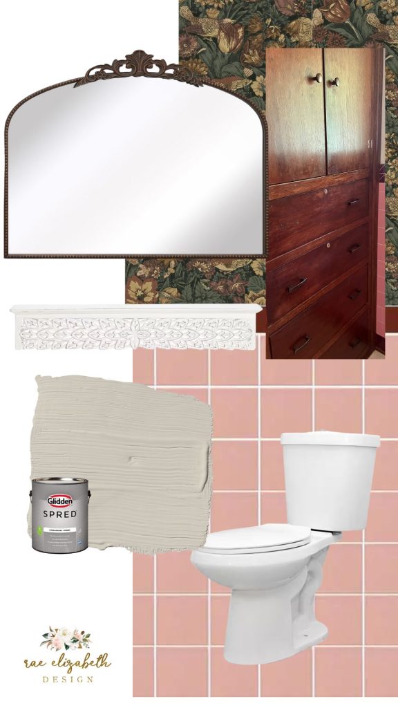 a design board showing different bathroom products such as a white toilet, beige paint, a bronze mirror and wallpaper