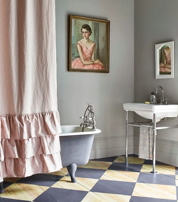 vintage blue checkered bathroom floor with blush pink shower curtain