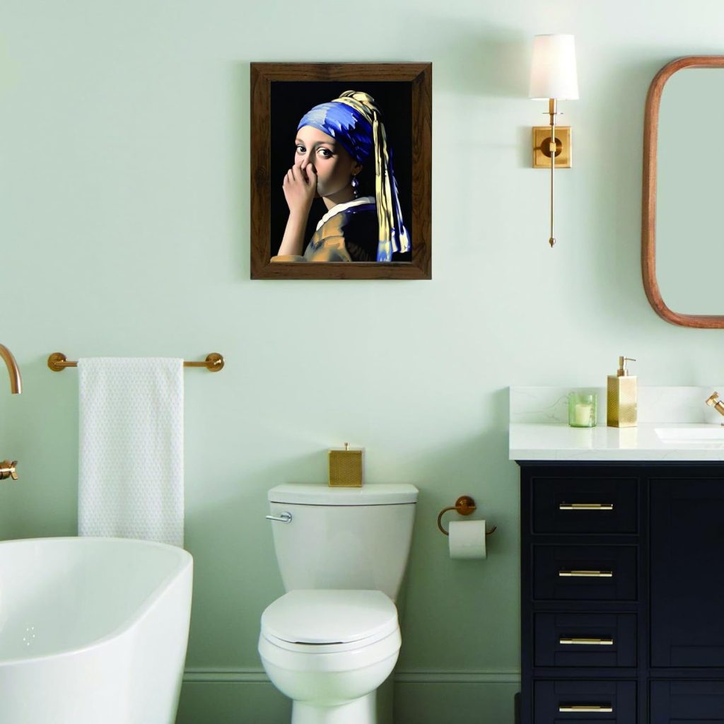 Funny vintage bathroom girl holding nose