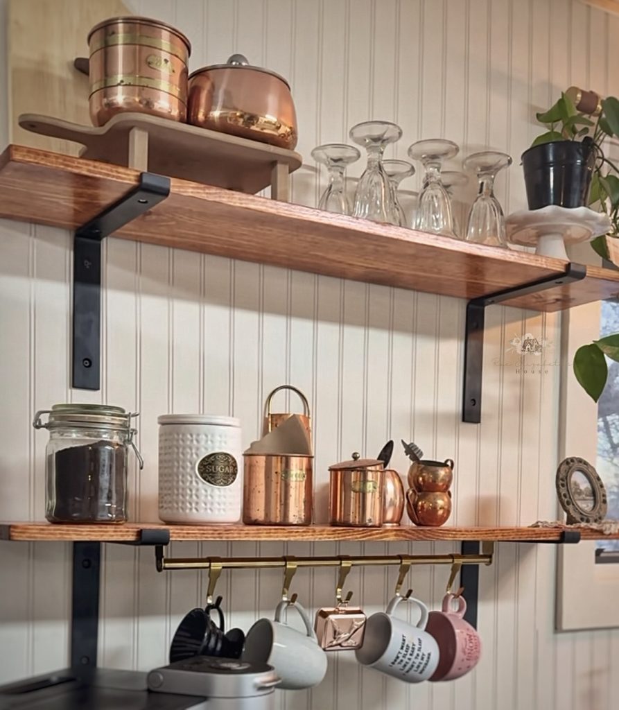 up close view wood shelving in kitchen