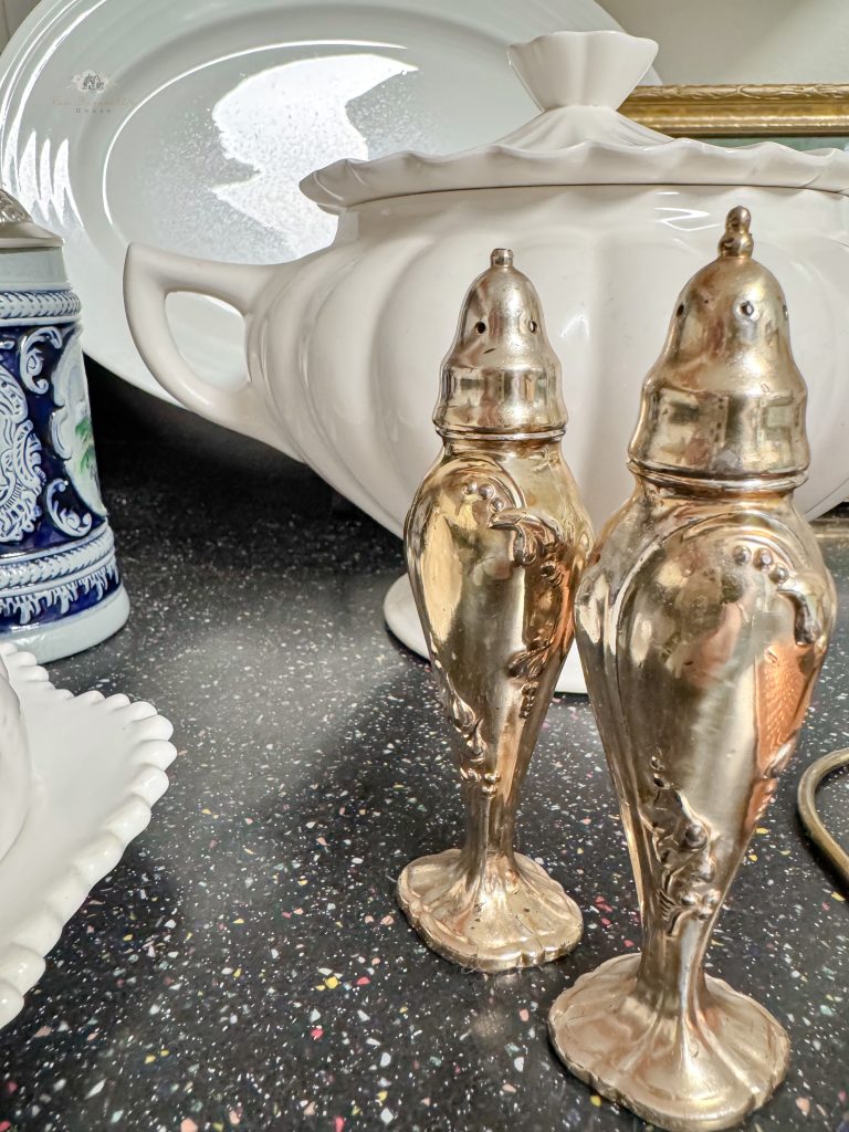 Silver antique salt and pepper shakers for styling farmhouse shelves