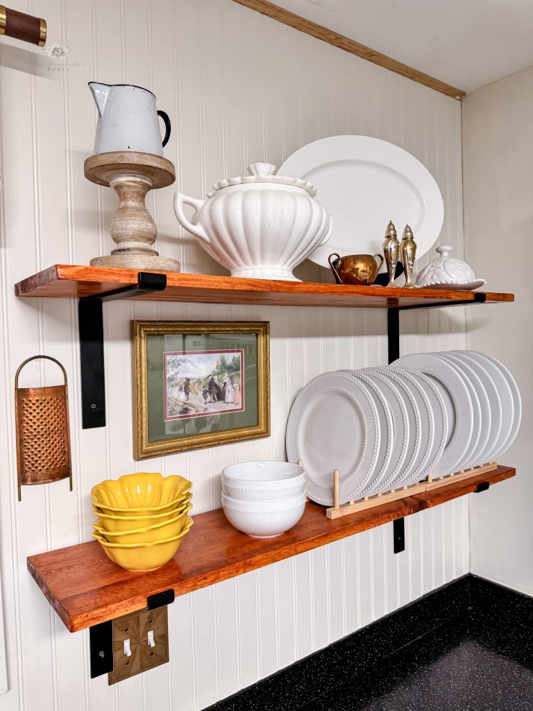 Finished product for farmhouse kitchen shelves styled
