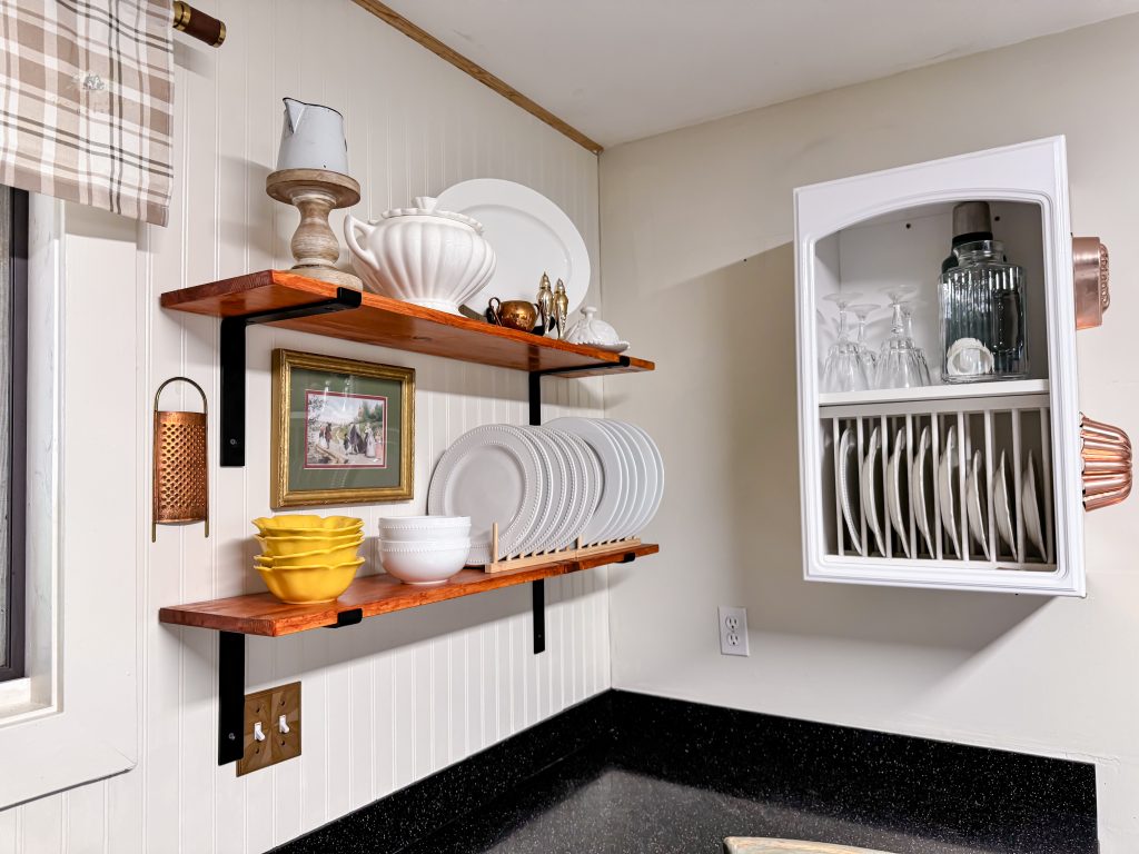Finished and styled kitchen open shelving 